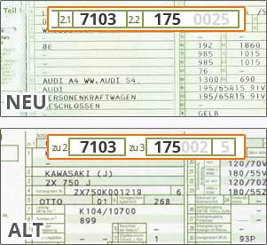 Fahrzeugschein mit markierter HSN und TSN zur Teileidentifikation