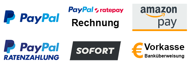Zahlungsarten: PayPal, PayPal Rechnung, Amazon Pay, PayPal Ratenzahlung, Sofortüberweisung, Vorkasse.