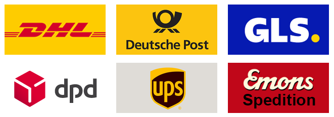 Versandarten: DHL, Deutsche Post, GLS, DPD, UPS, Emons Spedition.